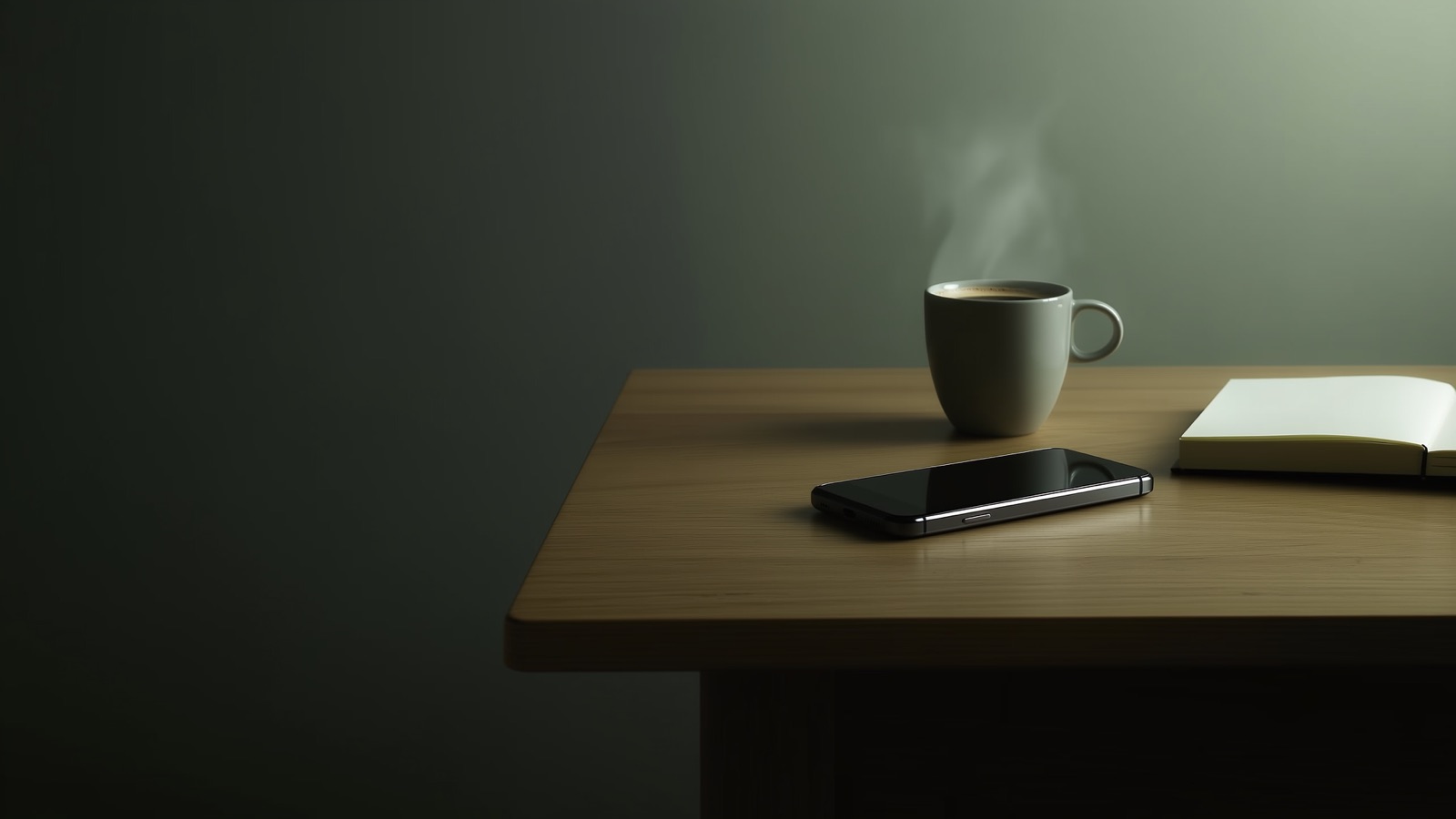 A face-down smartphone on a wooden table beside a steaming cup of coffee and an open notebook in soft dawn light.