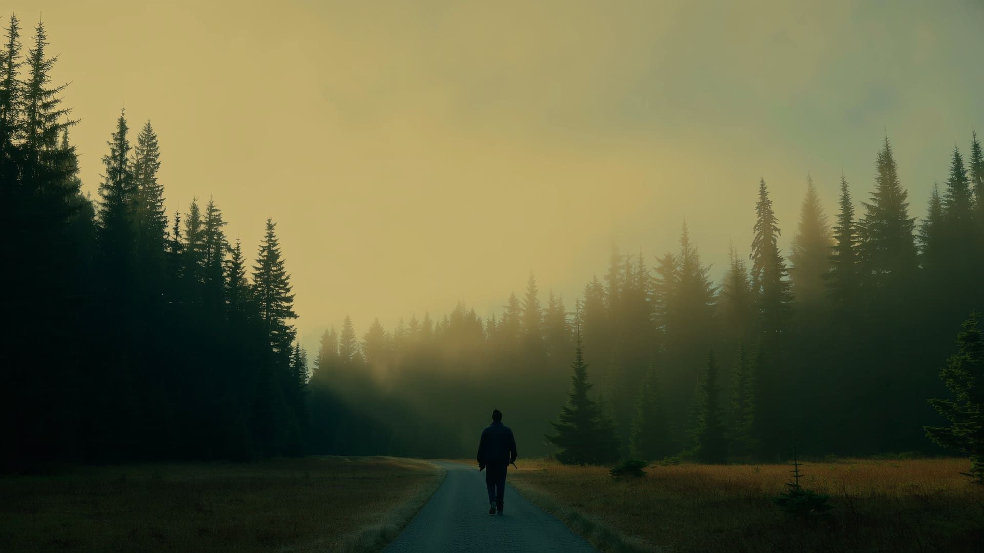 A person walking alone down a quiet forest road at dusk, phone nowhere in sight.